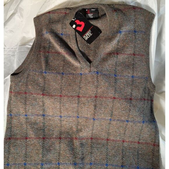 VTG Sweater Vest Grandpa Core Robert Bruce 2XL V Neck USA Brown Nerd Plaid New - Picture 2 of 10